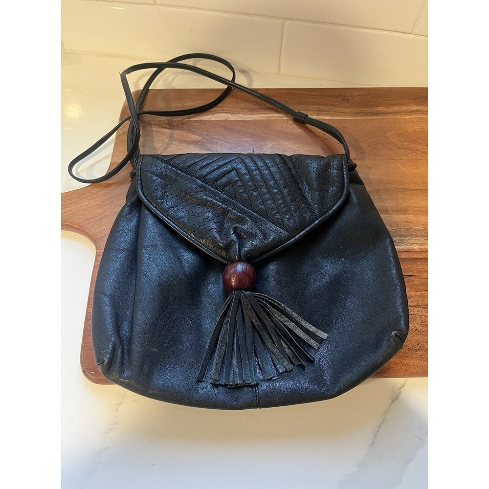 Vtg 80's Black Crossbody Bag Purse Women's Tassel Boho Ratio Brand Fringe Wood